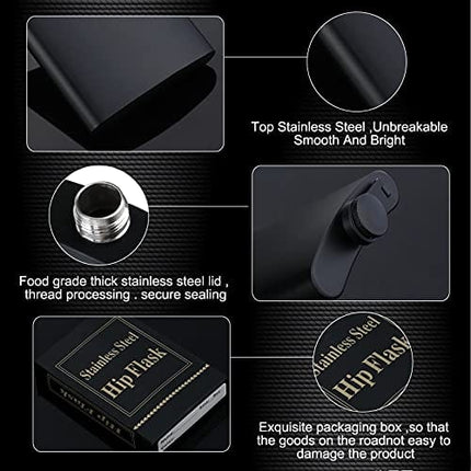 Flasks for Liquor for Men, Matte Black 8 Oz Stainless Steel Leakproof and Funnel, with Never-Lose Metal cap, Hip Flask for Wedding Party Outdoor Activities, Set of 10