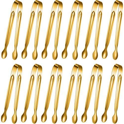 12 Pieces Sugar Tongs Ice Tongs Stainless Steel Mini Serving Tongs Appetizers Tongs Small Kitchen Tongs for Tea Party Coffee Bar Kitchen (Gold, 6 Inch)