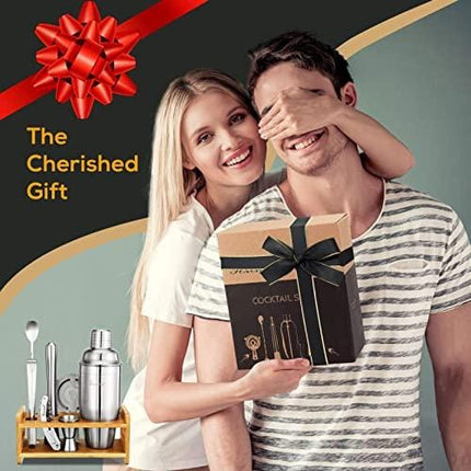 Bartender Kit with Stand Gifts for Men Dad, 14 Pieces Cocktail Shaker Set for Drink Mixing, Perfect Home Martini Shaker Stainless Steel Bar Tools Accessories for Beginners Christmas Stocking Stuffer