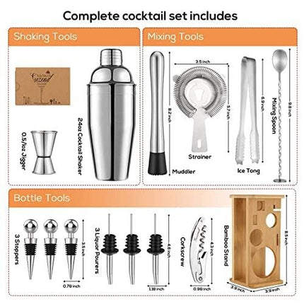 Bartender Kit with Stand Gifts for Men Dad, 14 Pieces Cocktail Shaker Set for Drink Mixing, Perfect Home Martini Shaker Stainless Steel Bar Tools Accessories for Beginners Christmas Stocking Stuffer