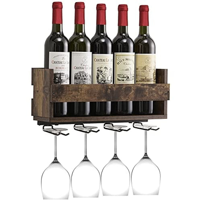 Giikin Vintage Wall Mounted Wine Rack, Wine Glass Rack Holds 5 Wine Bottles and 4 Stemware Glass Holder, Wood Wine Storage Rack for Home Kitchen, Dining Room, Bar Décor (Retro Brown)