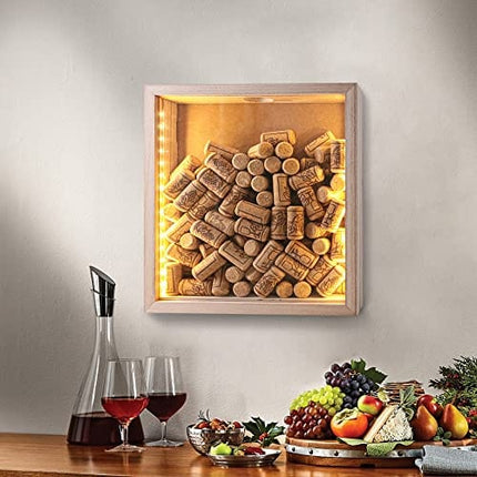GiveU Wine Cork & Beer Cap Holder Shadow Box Wall Mounted with Lights Shadow Box Display Case Showcase as a Memory Gift 11x12’’