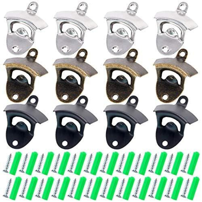 Glarks 12Pcs Silver/Bronze/ Black Wall Mounted Bottle Opener Set for Beer Cap Coke Bottle Wine Soda Open and Kitchen Cafe Bars with Mounting Screws (Silver Bronze Black)