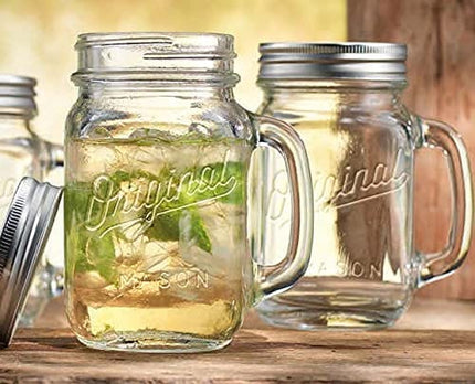 Mason Jar 16 Oz. Glass Mugs with Handle and Lid Set Of 4 Glaver's Old Fashioned Drinking Glass Bottles Original Mason Jar Pint Sized Cup Set.