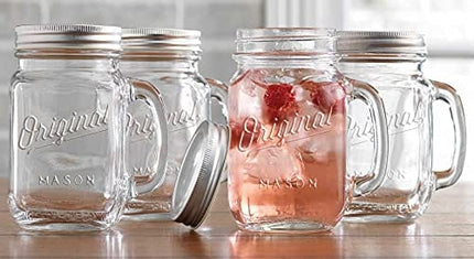 Mason Jar 16 Oz. Glass Mugs with Handle and Lid Set Of 4 Glaver's Old Fashioned Drinking Glass Bottles Original Mason Jar Pint Sized Cup Set.