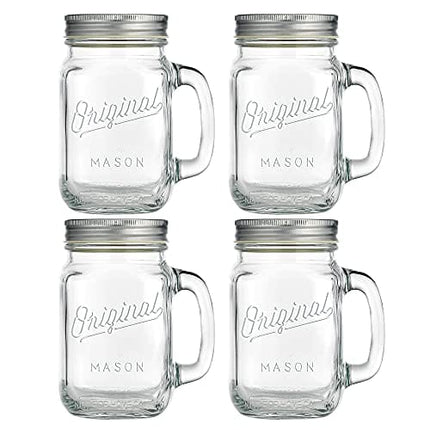 Mason Jar 16 Oz. Glass Mugs with Handle and Lid Set Of 4 Glaver's Old Fashioned Drinking Glass Bottles Original Mason Jar Pint Sized Cup Set.