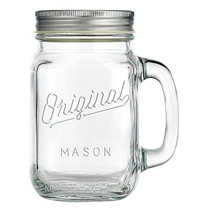 Mason Jar 16 Oz. Glass Mugs with Handle and Lid Set Of 4 Glaver's Old Fashioned Drinking Glass Bottles Original Mason Jar Pint Sized Cup Set.