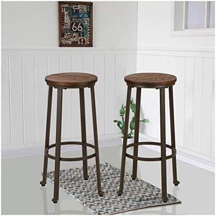 Glitzhome Rustic Steel Bar Stool Round Wood Top Dining Room Pub Height Chairs Set of 2