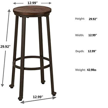 Glitzhome Rustic Steel Bar Stool Round Wood Top Dining Room Pub Height Chairs Set of 2