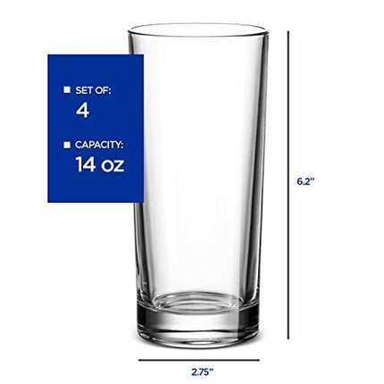 Godinger Highball Glasses, Italian Made Glass Tall Beverage Cups - 14oz, Set of 4