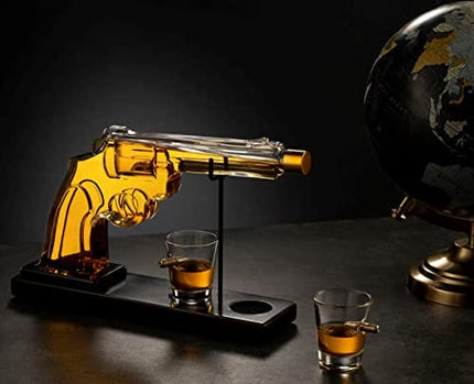 Godinger Pistol Gun Liquor Bottle Decanter With Bullet Shot Glasses