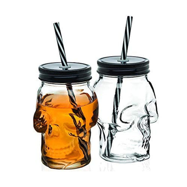 Skull Mason Jar Mug Glass Tumbler Cup with Cover and Straw - 16oz, Set of 2