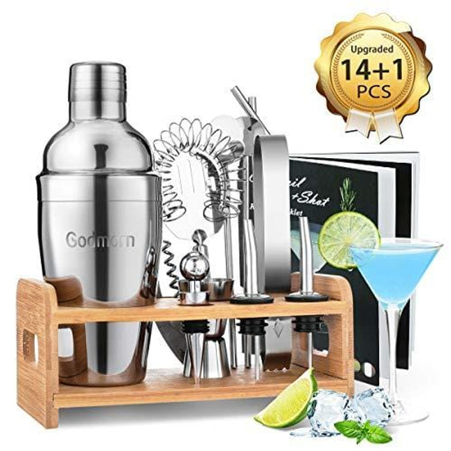 Cocktail Shaker Set Bartender Kit, Godmorn 15Pcs Bartender Shaker Set, 304 Stainless Steel Martini Shaker and Strainer, 550ml /19OZ Bar Tool Set With Bamboo Stand, Recipe Booklet, For Home And Bar
