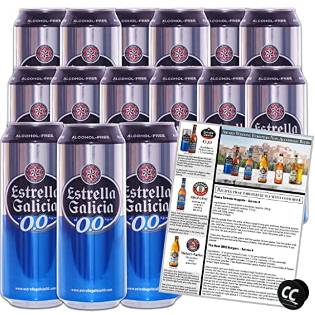 Estrella Galicia 0,0 Non-Alcoholic Wine Beer 15 Pack, Made in Spain, 11.2oz/btl, includes Phone/Tablet Holder & Beer/Pairing Recipes