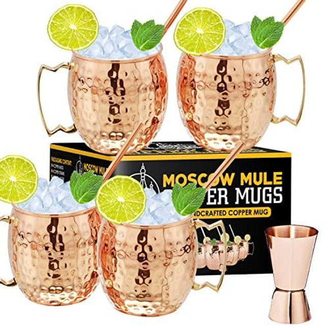 Gold Armour Moscow Mule Copper Mugs - Set of 4, 16 oz Copper Mug Cups, Great Gift Set with 4 Cocktail Copper Straws and Jigger