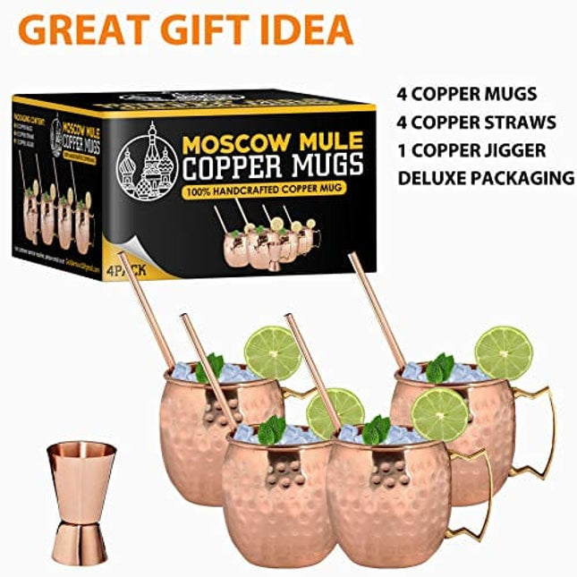 Gold Armour Moscow Mule Copper Mugs - Set of 4, 16 oz Copper Mug Cups, Great Gift Set with 4 Cocktail Copper Straws and Jigger