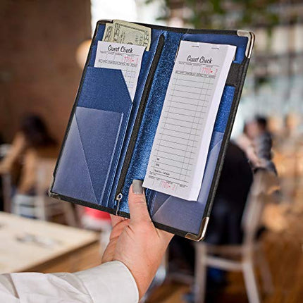 GOLGINO Server Book for Waitress & Waiter 9” x 5”, Two Zipper Pockets & ID Holder, Premium Receipt Organizer Wallet Fits Aprons, 11 Money Pockets Perfect for Server Banking (Black/Blue)