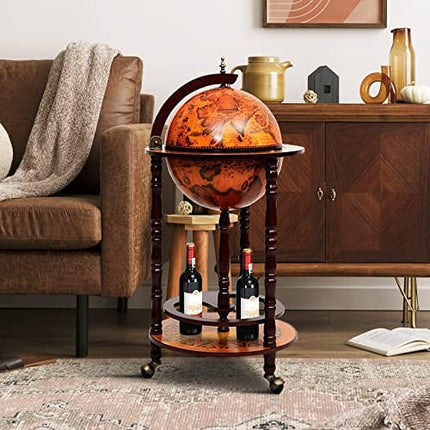Goplus 17.5” Globe Bar, Wood Globe Bar Cart with Wheels & Liquor Bottle Shelf, 16th Century Italian Replica Liquor Cabinet, Globe Wine Bar Stand for Living Room, Dining Room, Home (Retro Brown)