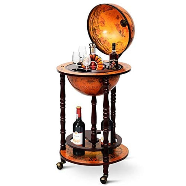 Goplus 17.5” Globe Bar, Wood Globe Bar Cart with Wheels & Liquor Bottle Shelf, 16th Century Italian Replica Liquor Cabinet, Globe Wine Bar Stand for Living Room, Dining Room, Home (Retro Brown)