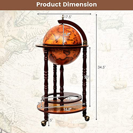 Goplus 17.5” Globe Bar, Wood Globe Bar Cart with Wheels & Liquor Bottle Shelf, 16th Century Italian Replica Liquor Cabinet, Globe Wine Bar Stand for Living Room, Dining Room, Home (Retro Brown)