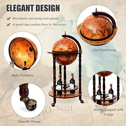 Goplus 17.5” Globe Bar, Wood Globe Bar Cart with Wheels & Liquor Bottle Shelf, 16th Century Italian Replica Liquor Cabinet, Globe Wine Bar Stand for Living Room, Dining Room, Home (Retro Brown)