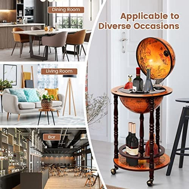 Goplus 17.5” Globe Bar, Wood Globe Bar Cart with Wheels & Liquor Bottle Shelf, 16th Century Italian Replica Liquor Cabinet, Globe Wine Bar Stand for Living Room, Dining Room, Home (Retro Brown)