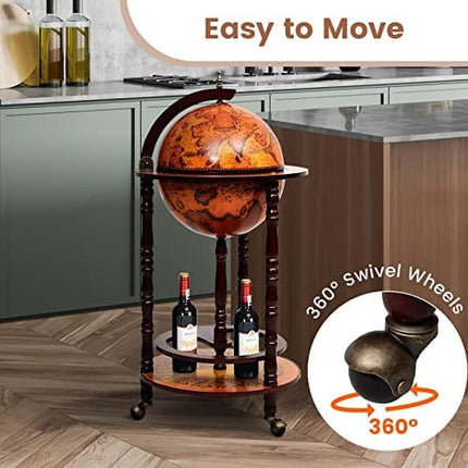 Goplus 17.5” Globe Bar, Wood Globe Bar Cart with Wheels & Liquor Bottle Shelf, 16th Century Italian Replica Liquor Cabinet, Globe Wine Bar Stand for Living Room, Dining Room, Home (Retro Brown)