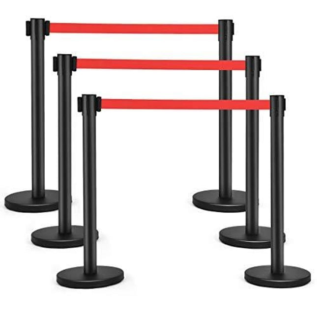 Goplus 6Pcs Stanchion Post Crowd Control Barrier with 6.5' Retractable Belt, Stainless Steel Stanchion Posts Queue Pole, 35" Height, Easy Connect Assembly (Red)