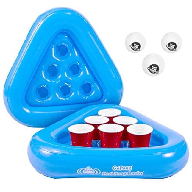 GoPong Pool Pong Rack Floating Beer Pong Set, Includes 2 Rafts and 3 Pong Balls, Blue