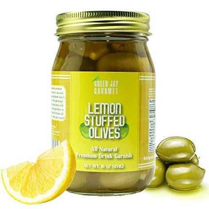 Green Jay Gourmet Lemon Stuffed Olives – Stuffed Green Olives for Cocktail Garnish & Cheese Board Recipes – Dirty Martini Olives & Cocktail Olives – Gourmet Olives – All Natural – Large – 16 Ounces