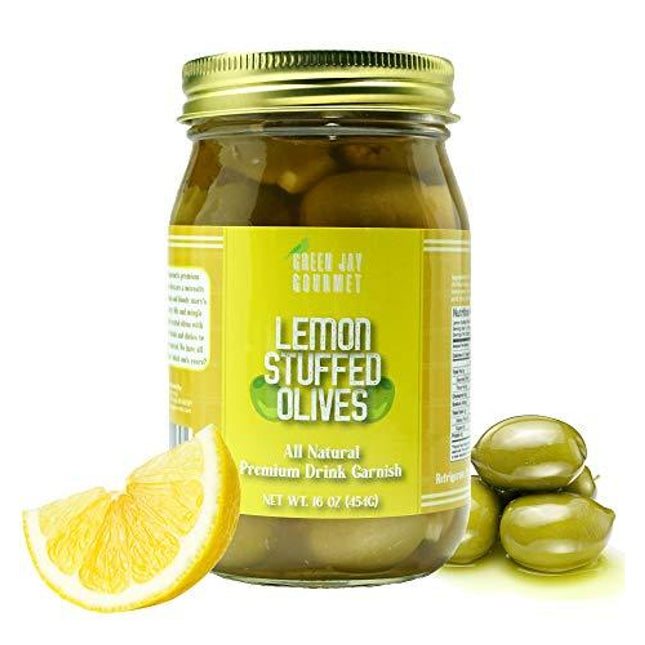 Green Jay Gourmet Lemon Stuffed Olives – Stuffed Green Olives for Cocktail Garnish & Cheese Board Recipes – Dirty Martini Olives & Cocktail Olives – Gourmet Olives – All Natural – Large – 16 Ounces