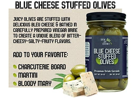 Green Jay Gourmet Blue Cheese Stuffed Olives – Cheese Stuffed Green Olives for Cocktail Garnish & Cheese Board – Dirty Martini Olives – Gourmet Olives – All Natural – Large – 16 Ounces