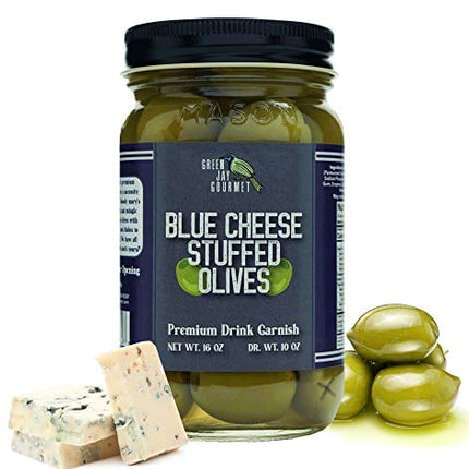 Green Jay Gourmet Blue Cheese Stuffed Olives – Cheese Stuffed Green Olives for Cocktail Garnish & Cheese Board – Dirty Martini Olives – Gourmet Olives – All Natural – Large – 16 Ounces