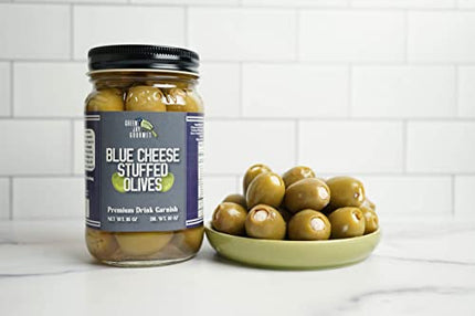 Green Jay Gourmet Blue Cheese Stuffed Olives – Cheese Stuffed Green Olives for Cocktail Garnish & Cheese Board – Dirty Martini Olives – Gourmet Olives – All Natural – Large – 16 Ounces