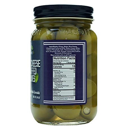 Green Jay Gourmet Blue Cheese Stuffed Olives – Cheese Stuffed Green Olives for Cocktail Garnish & Cheese Board – Dirty Martini Olives – Gourmet Olives – All Natural – Large – 16 Ounces