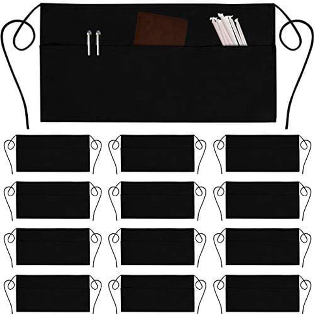 12 Pack Server Aprons with 3 Pockets - Waist Apron Waiter Waitress Apron Water Resistant Added Long Waist Strap Reinforced Seams Half Apron for Women
