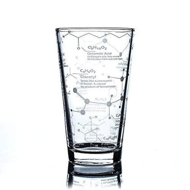 Greenline Goods Beer Glasses - 16 oz Pint Glass (1 Glass) – Science of Beer Glassware - Etched with Beer & Hops Chemistry Molecules