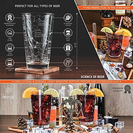 Greenline Goods Beer Glasses - 16 oz Pint Glass (1 Glass) – Science of Beer Glassware - Etched with Beer & Hops Chemistry Molecules