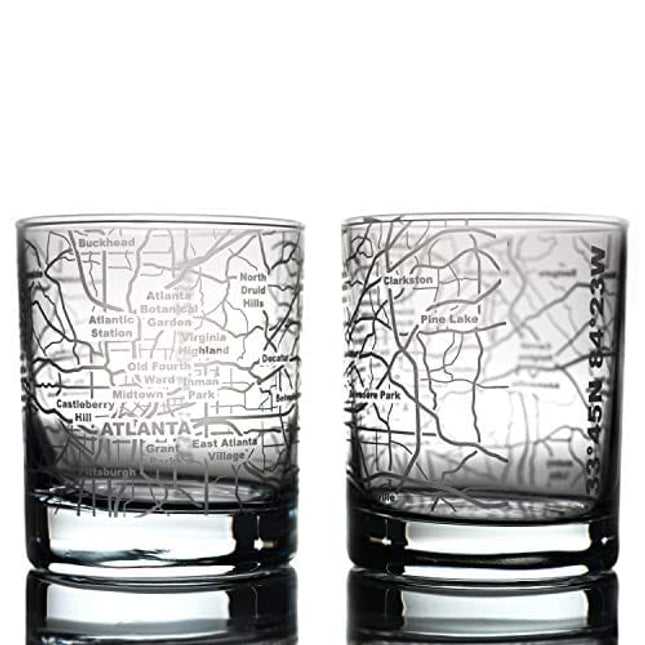 Greenline Goods Whiskey Glasses - 10 Oz Tumbler Gift Set for Atlanta lovers, Etched with Atlanta Map | Old Fashioned Rocks Glass - Set of 2