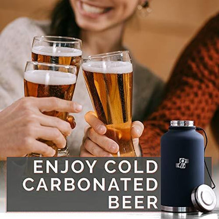 GA Beer Growler and Water Bottle 64 oz - Insulated Stainless Steel Vacuum Thermos Water Jug for Hot and Cold Beverages - Dark Blue with Black Neoprene Growler Carrier