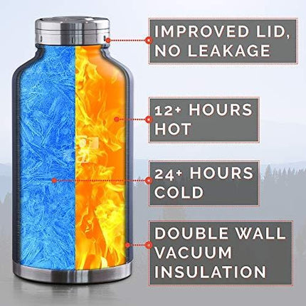 GA Beer Growler and Water Bottle 64 oz - Insulated Stainless Steel Vacuum Thermos Water Jug for Hot and Cold Beverages - Dark Blue with Black Neoprene Growler Carrier