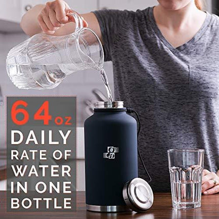 GA Beer Growler and Water Bottle 64 oz - Insulated Stainless Steel Vacuum Thermos Water Jug for Hot and Cold Beverages - Dark Blue with Black Neoprene Growler Carrier