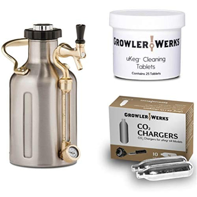 GrowlerWerks uKeg Carbonated Growler 64oz Stainless Steel - 10 CO2 Chargers - 25 Cleaning Tablets
