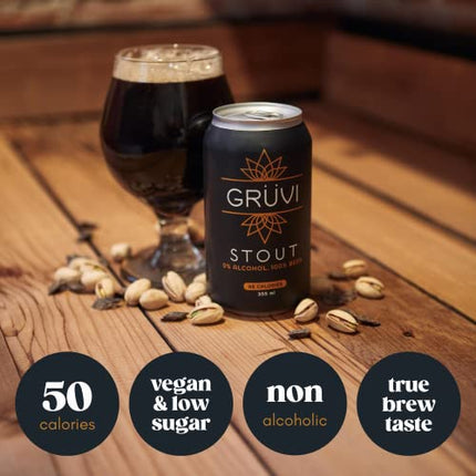 Gruvi Stout Non-Alcoholic Beer, 45 Calories, 12-Pack, 0% ABV, Zero Alcohol, NA Beer