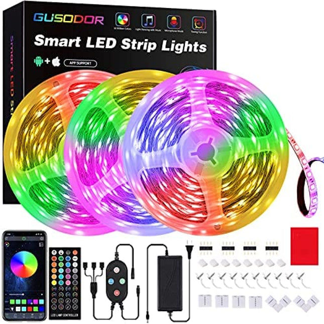 50 Feet Led Strip Lights , GUSODOR Smart Led Lights for Bedroom Music Sync Rope Lights Flexible DIY Led Light Strips Color Changing with 40 Key Remote App Control Tape Led Light for Party Home