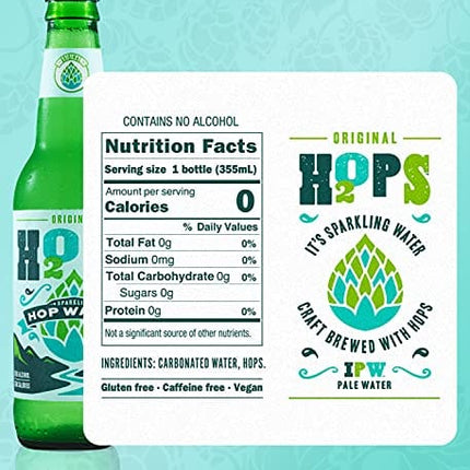 H2OPS Sparkling Hop Water - Original, 0 Alcohol, 0 Calorie, (4, 12 oz Glass Bottles) Craft Brewed, Premium Hops, Lightly Carbonated, Gluten Free, Unsweetened, NA Beer