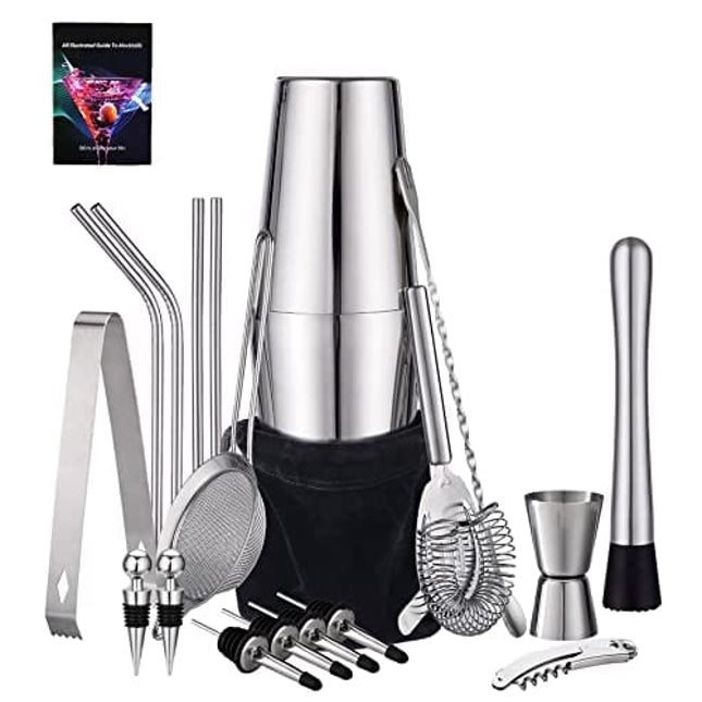 HabiLife 21 Piece Cocktail Shaker Set - Stainless Steel Bartender Kit Bar Set with 25oz/18oz Boston Shaker, Muddler, Double Jigger, Mixing Spoon & More, Perfect for Home Bars and Parties, Silver