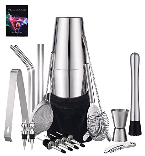 HabiLife 21 Piece Cocktail Shaker Set - Stainless Steel Bartender Kit Bar Set with 25oz/18oz Boston Shaker, Muddler, Double Jigger, Mixing Spoon & More, Perfect for Home Bars and Parties, Silver
