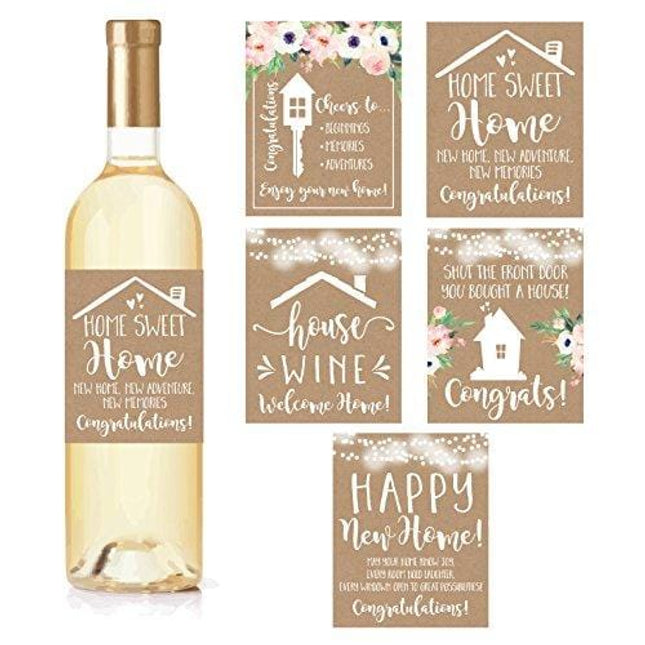 5 Rustic House Warming Presents, New Homeowner Stickers or Wine Label Gift Set Ideas, Congrats Home Sweet Home Party, Unique Real Estate Gifts From Agent For Client Congratulations