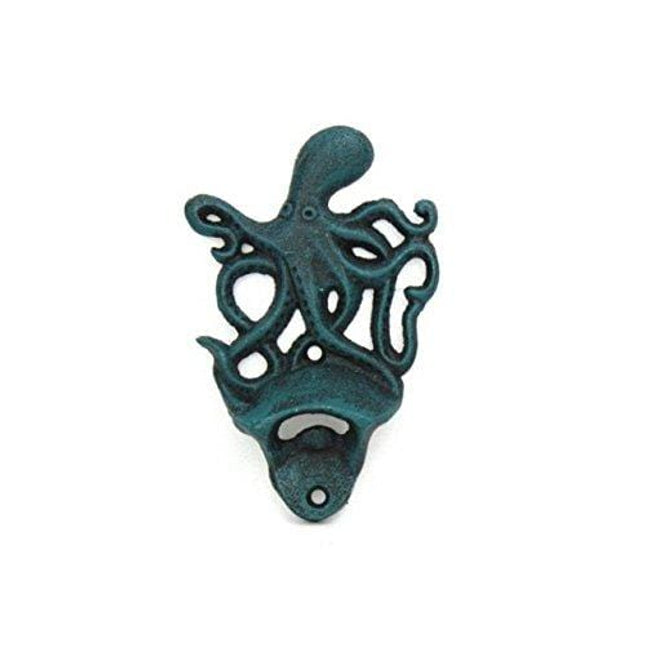 Hampton Nautical Seaworn Blue Wall Mounted Octopus Bottle Opener 6"-Vintage Cast Iron Sea Life Decor